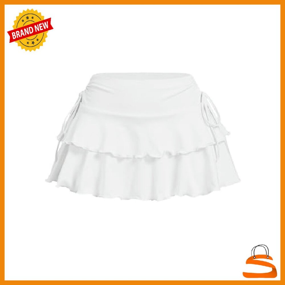 Pleated Mini Skort Stretchy Waist Drawstring Tiered Ruffle Activewear - Picture 2 of 8